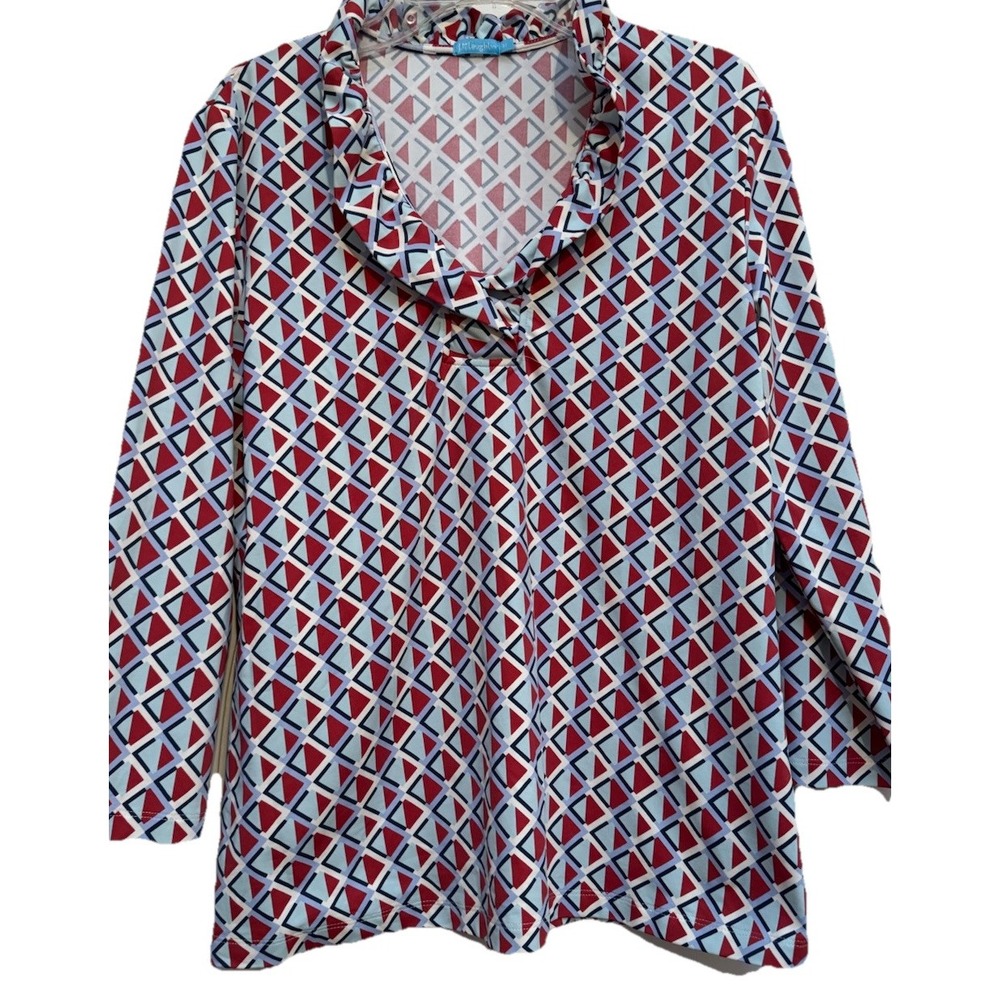 J. MCLAUGHLIN Women's  M Red White Blue‎ Print 3/4 Sleeve Ruffled  Stretch Top